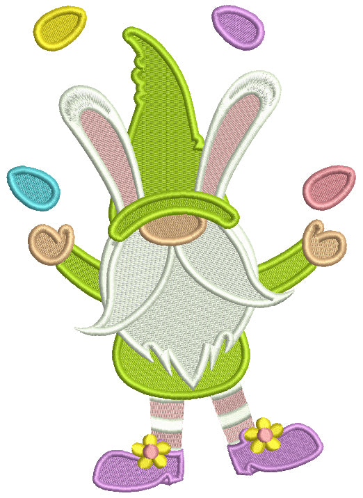 Gnome With Bunny Ears Juggling Easter Eggs Filled Machine Embroidery Design Digitized Pattern