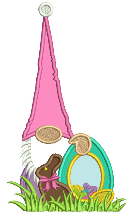 Gnome With Chocolate Bunny Holding An Easter Egg Applique Machine Embroidery Design Digitized Pattern