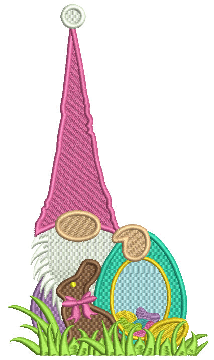 Gnome With Chocolate Bunny Holding An Easter Egg Filled Machine Embroidery Design Digitized Pattern