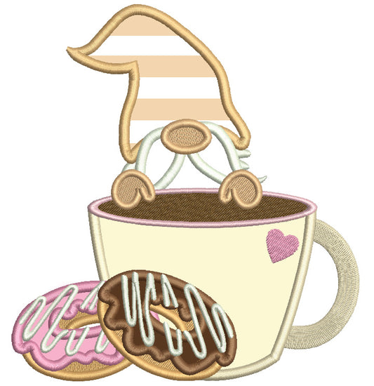 Gnome With Coffee And Cookies Applique Machine Embroidery Design Digitized Pattern