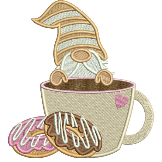 Gnome With Coffee And Cookies Filled Machine Embroidery Design Digitized Pattern