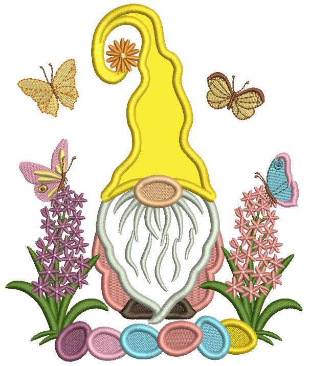 Gnome With Easter Eggs And Butteflies Applique Machine Embroidery Design Digitized Pattern