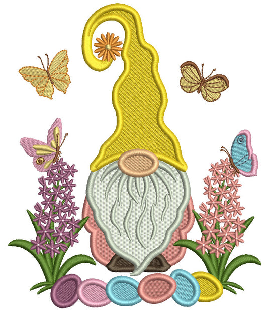 Gnome With Easter Eggs And Butteflies Filled Machine Embroidery Design Digitized Pattern
