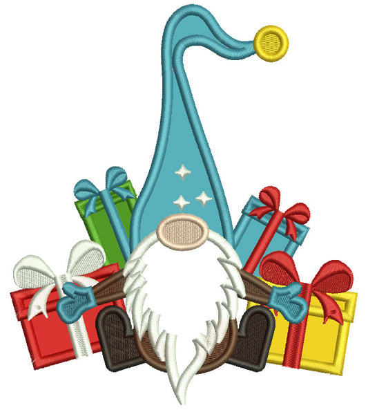 Gnome With Many Christmas Presents Applique Machine Embroidery Design Digitized Pattern