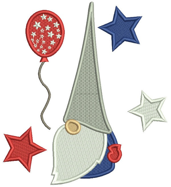 Gnome With Stars And a Balloon 4th Of July Patriotic Filled Machine Embroidery Digitized Design Pattern