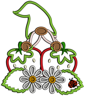 Gnome With Strawberries And Daisies Applique Machine Embroidery Design Digitized Pattern