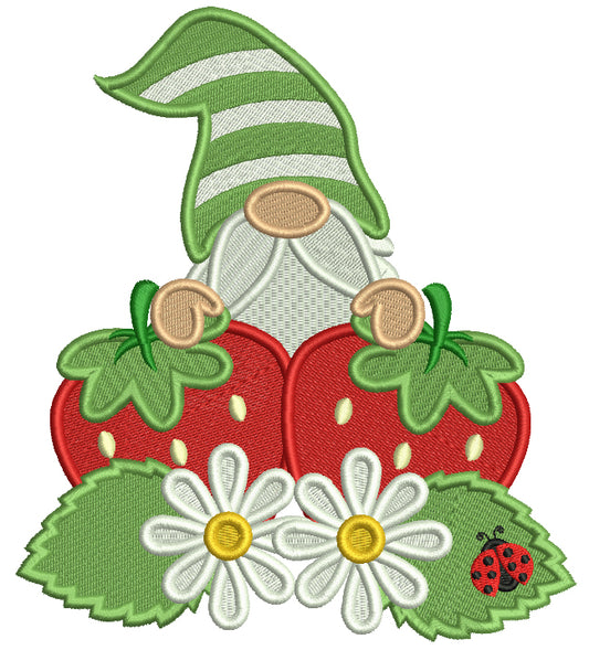 Gnome With Strawberries And Daisies Filled Machine Embroidery Design Digitized Pattern