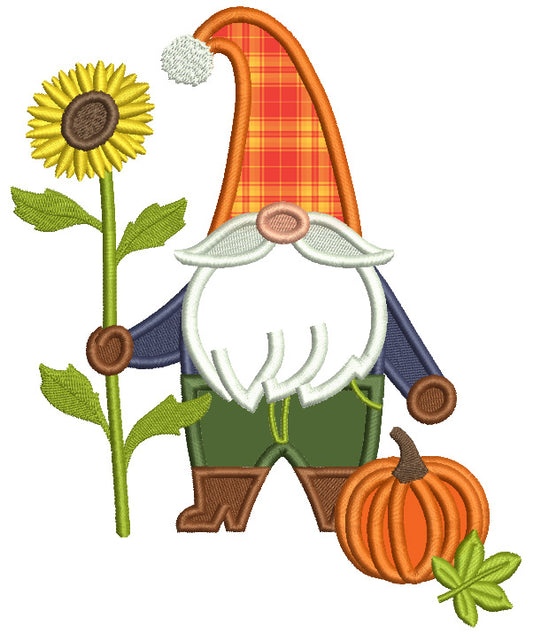Gnome With Tall Sunflower And a Pumpkin Thanksgiving Applique Machine Embroidery Design Digitized Pattern