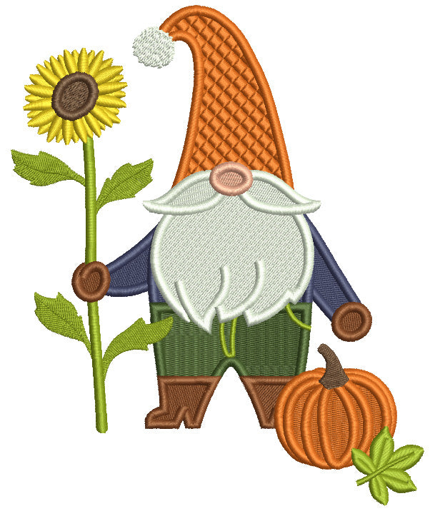Gnome With Tall Sunflower And a Pumpkin Thanksgiving Filled Machine Embroidery Design Digitized Pattern Filled Machine Embroidery Design Digitized Pattern