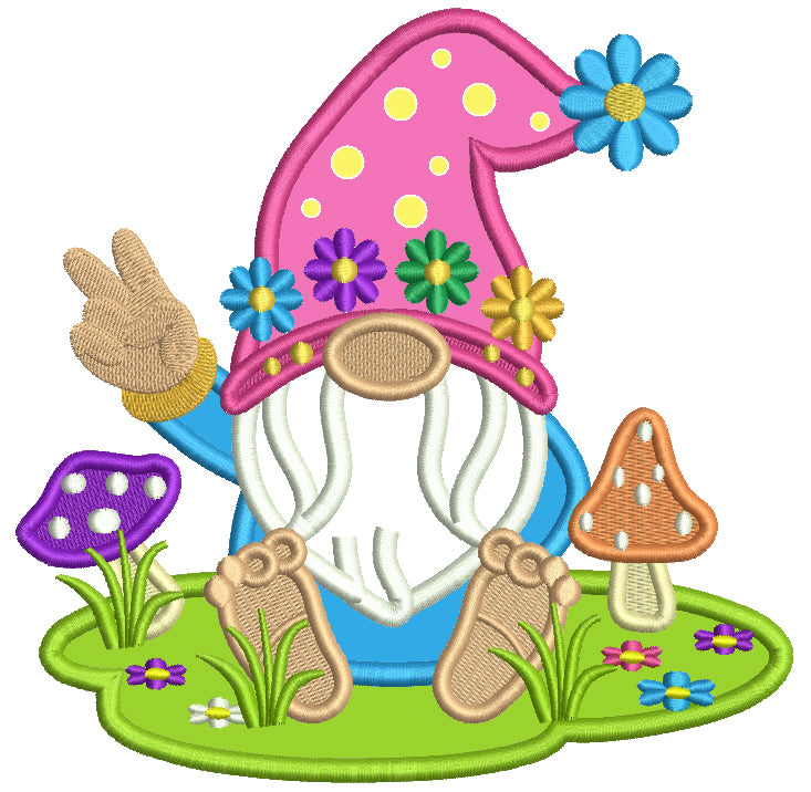 Gnome With a Big Hat Sitting In The Grass Full Of Mushrooms Applique Machine Embroidery Design Digitized Pattern