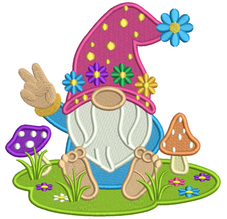 Gnome With a Big Hat Sitting In The Grass Full Of Mushrooms Filled Machine Embroidery Design Digitized Pattern