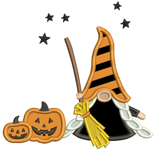 Gnome With a Broom And Pumpkins Halloween Applique Machine Embroidery Design Digitized Pattern