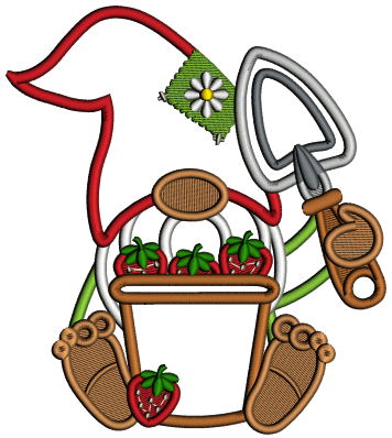 Gnome With a Bucket Full Of Strawberries And a Garden Trowel Applique Machine Embroidery Design Digitized Pattern