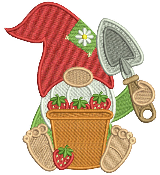 Gnome With a Bucket Full Of Strawberries And a Garden Trowel Filled Machine Embroidery Design Digitized Pattern