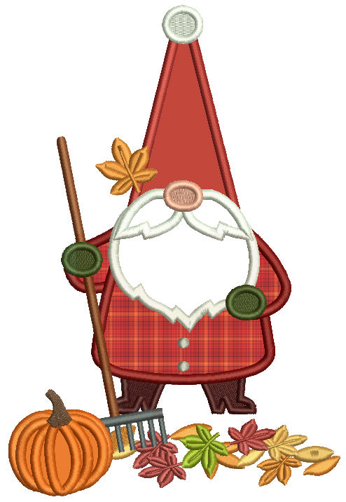 Gnome With a Garden Rake And Pumpkin Thanksgiving Applique Machine Embroidery Design Digitized Pattern Filled Machine Embroidery Design Digitized Pattern
