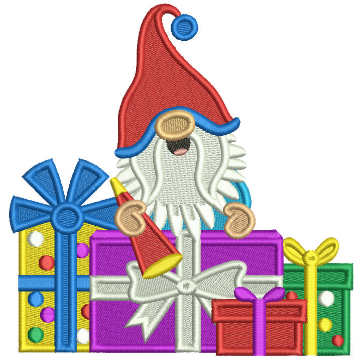 Gnome With a Lot of Birthday Presents Filled Machine Embroidery Design Digitized Pattern