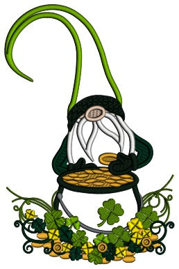 Gnome With a Pot Of Gold And Shamrocks St.Patrick's Day Applique Machine Embroidery Design Digitized Pattern