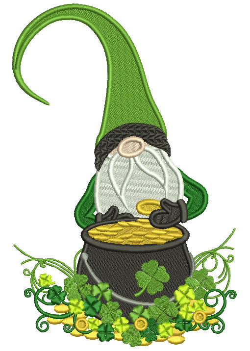 Gnome With a Pot Of Gold And Shamrocks St.Patrick's Day Filled Machine Embroidery Design Digitized Pattern