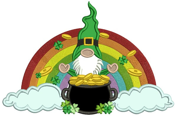 Gnome With a Pot Of Gold In The Clouds With a Rainbow Applique St. Patrick's Day Machine Embroidery Design Digitized Pattern