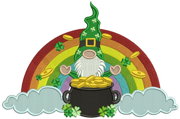 Gnome With a Pot Of Gold In The Clouds With a Rainbow Filled St. Patrick's Day Machine Embroidery Design Digitized Pattern