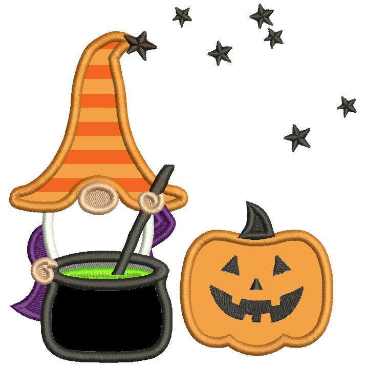 Gnome Wizard And a BIg Pumpkin Halloween Applique Machine Embroidery Design Digitized Pattern