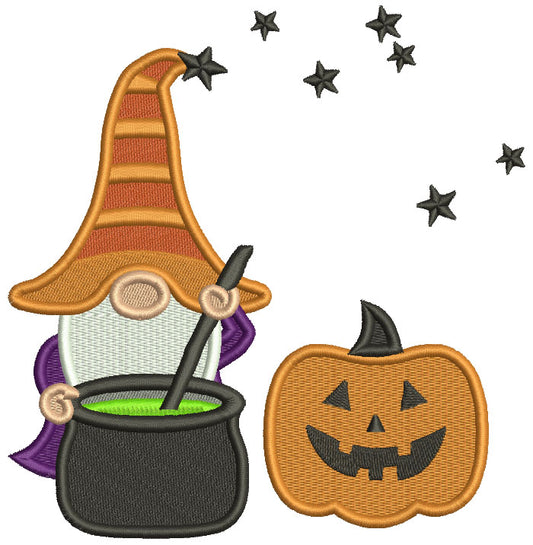 Gnome Wizard And a BIg Pumpkin Halloween Filled Machine Embroidery Design Digitized Pattern
