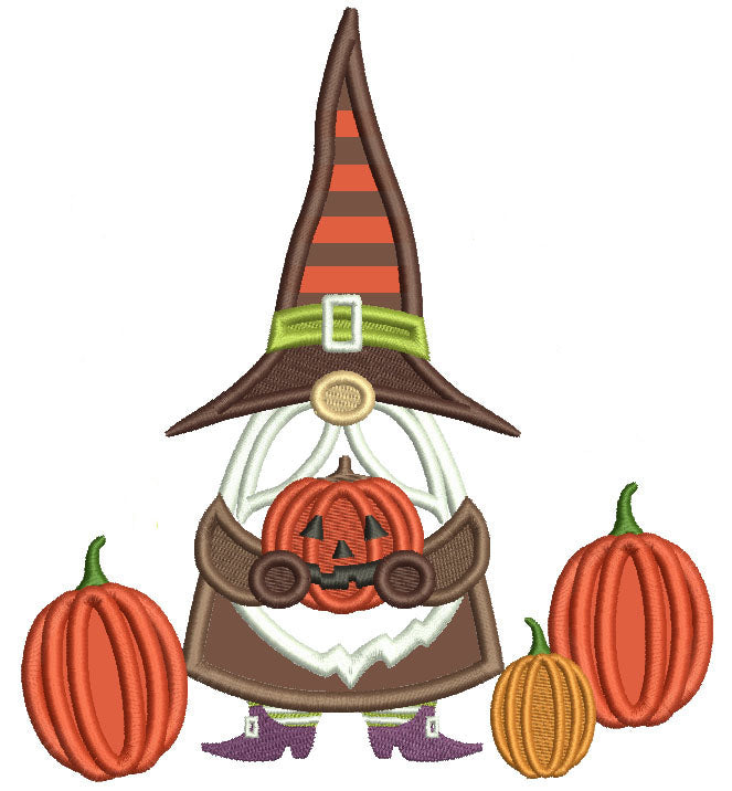 Gnome Wizard Holding Pumpkin Halloween Applique Machine Embroidery Design Digitized Pattern