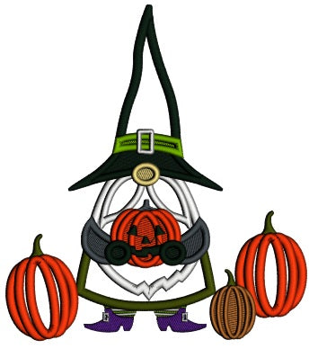 Gnome Wizard Holding Pumpkin Halloween Applique Machine Embroidery Design Digitized Pattern
