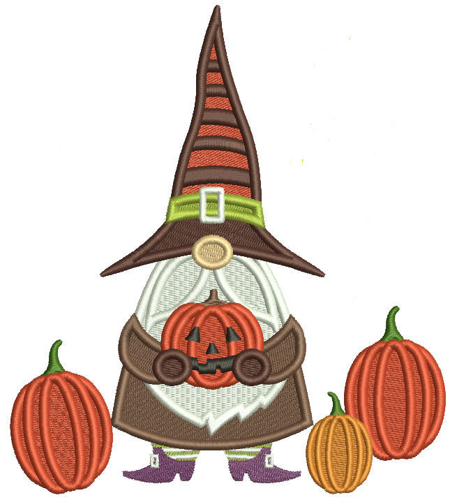 Gnome Wizard Holding Pumpkin Halloween Filled Machine Embroidery Design Digitized Pattern