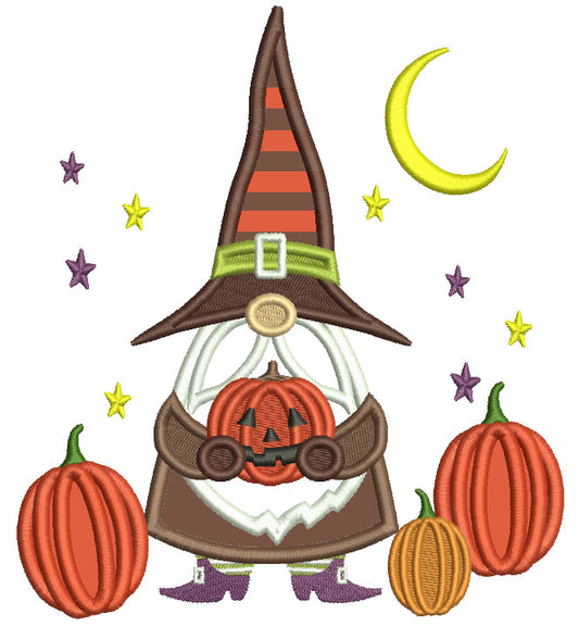 Gnome Wizard Holding Pumpkin With Stars And Moon Halloween Applique Machine Embroidery Design Digitized Pattern