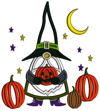 Gnome Wizard Holding Pumpkin With Stars And Moon Halloween Applique Machine Embroidery Design Digitized Pattern