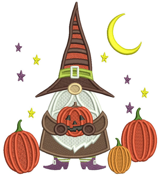 Gnome Wizard Holding Pumpkin With Stars And Moon Halloween Filled Machine Embroidery Design Digitized Pattern