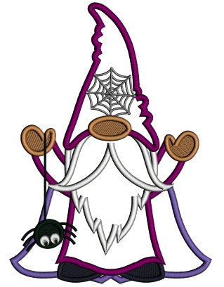 Gnome Wizard Holding a Spider Halloween Applique Machine Embroidery Design Digitized Pattern