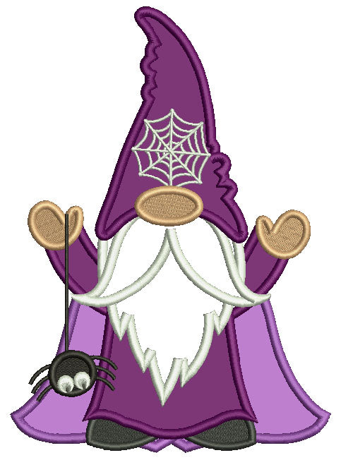 Gnome Wizard Holding a Spider Halloween Applique Machine Embroidery Design Digitized Pattern