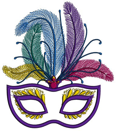 Gorgeous Mardi Gras Mask With Big Feathers Applique Machine Embroidery Design Digitized Pattern