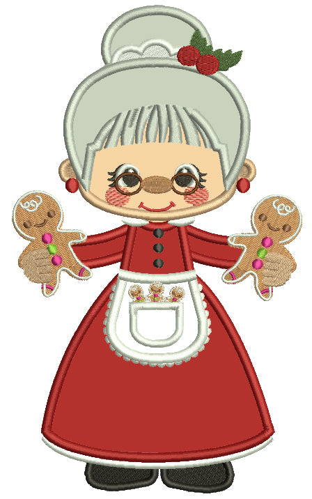 Grandma Wearing Christmas Dress And Holding Two Gingerbread Men Applique Machine Embroidery Design Digitized Pattern