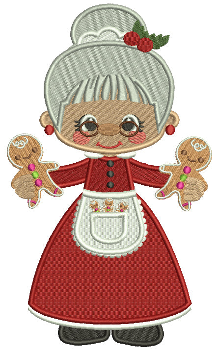 Grandma Wearing Christmas Dress And Holding Two Gingerbread Men Filled Machine Embroidery Design Digitized Pattern
