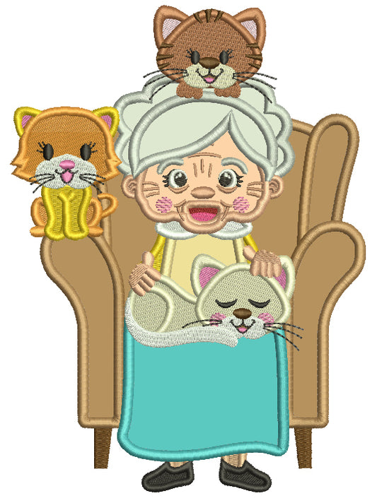 Grandma With Cats Sitting On The Armchair Applique Machine Embroidery Design Digitized Pattern