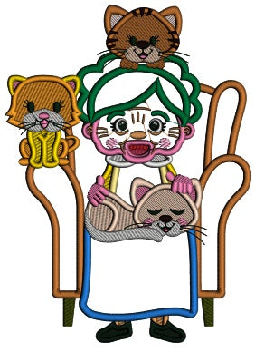Grandma With Cats Sitting On The Armchair Applique Machine Embroidery Design Digitized Pattern