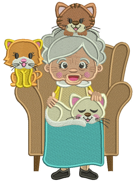 Grandma With Cats Sitting On The Armchair Filled Machine Embroidery Design Digitized Pattern
