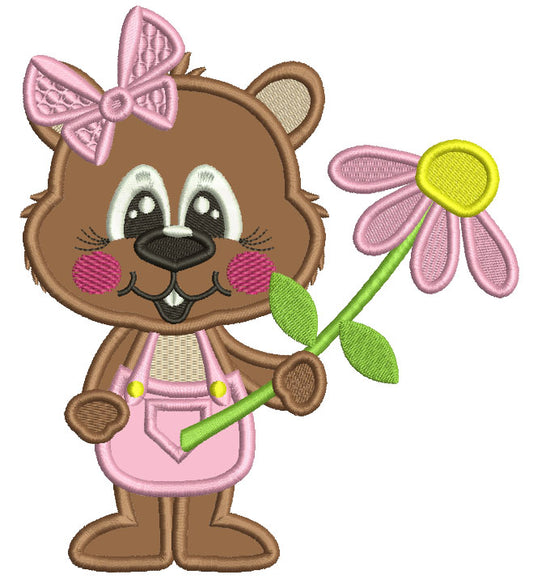 Groundhog Girl With a Flower Easter Applique Machine Embroidery Design Digitized Pattern