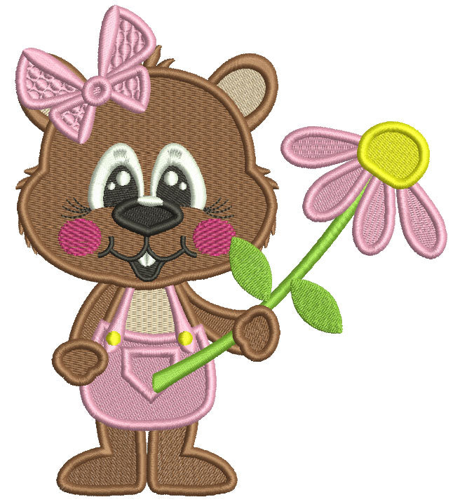 Groundhog Girl With a Flower Easter Filled Machine Embroidery Design Digitized Pattern