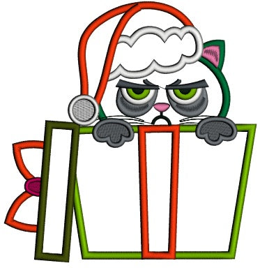 Grumpy Cat Inside a Gift Box Christmas Applique Machine Embroidery Digitized Design Pattern