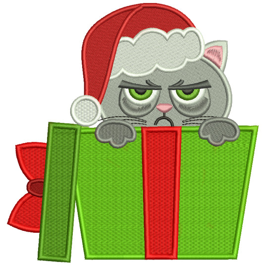 Grumpy Cat Inside a Gift Box Christmas Filled Machine Embroidery Digitized Design Pattern