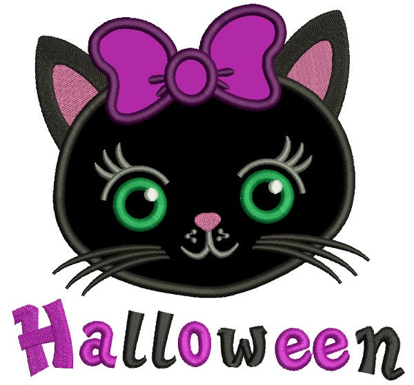 Halloween Cute Kitten Wearing a Bow Applique Machine Embroidery Design Digitized Pattern