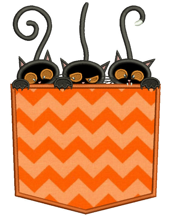 Halloween Pocket Full Of Black Kittens Applique Machine Embroidery Design Digitized Pattern