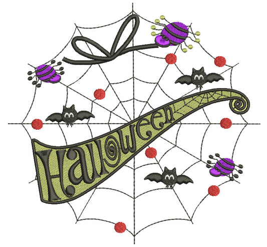 Halloween Spider Web With Bats and Spiders Filled Machine Embroidery Digitized Design Pattern