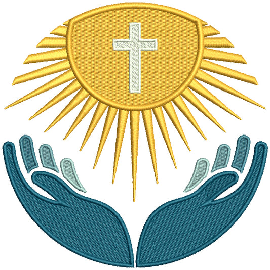 Hands With Sun and a Cross Religious Filled Machine Embroidery Design Digitized Pattern