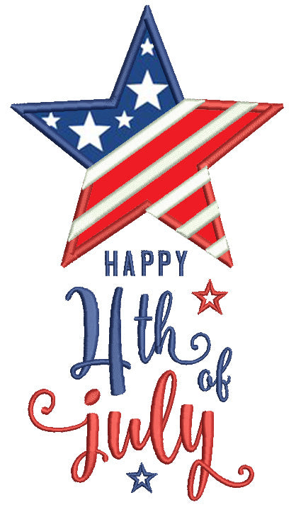 Happy 4th Of July Star With American Flag Patriotic Applique Machine Embroidery Digitized Design Pattern