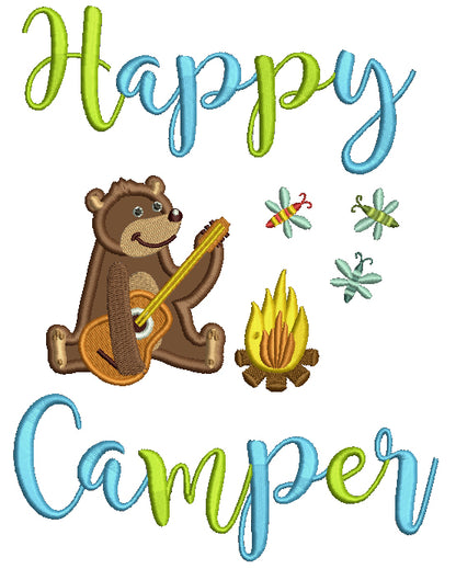 Happy Camper Cute Bear Playing Guitar By The Fire Applique Machine Embroidery Design Digitized Pattern